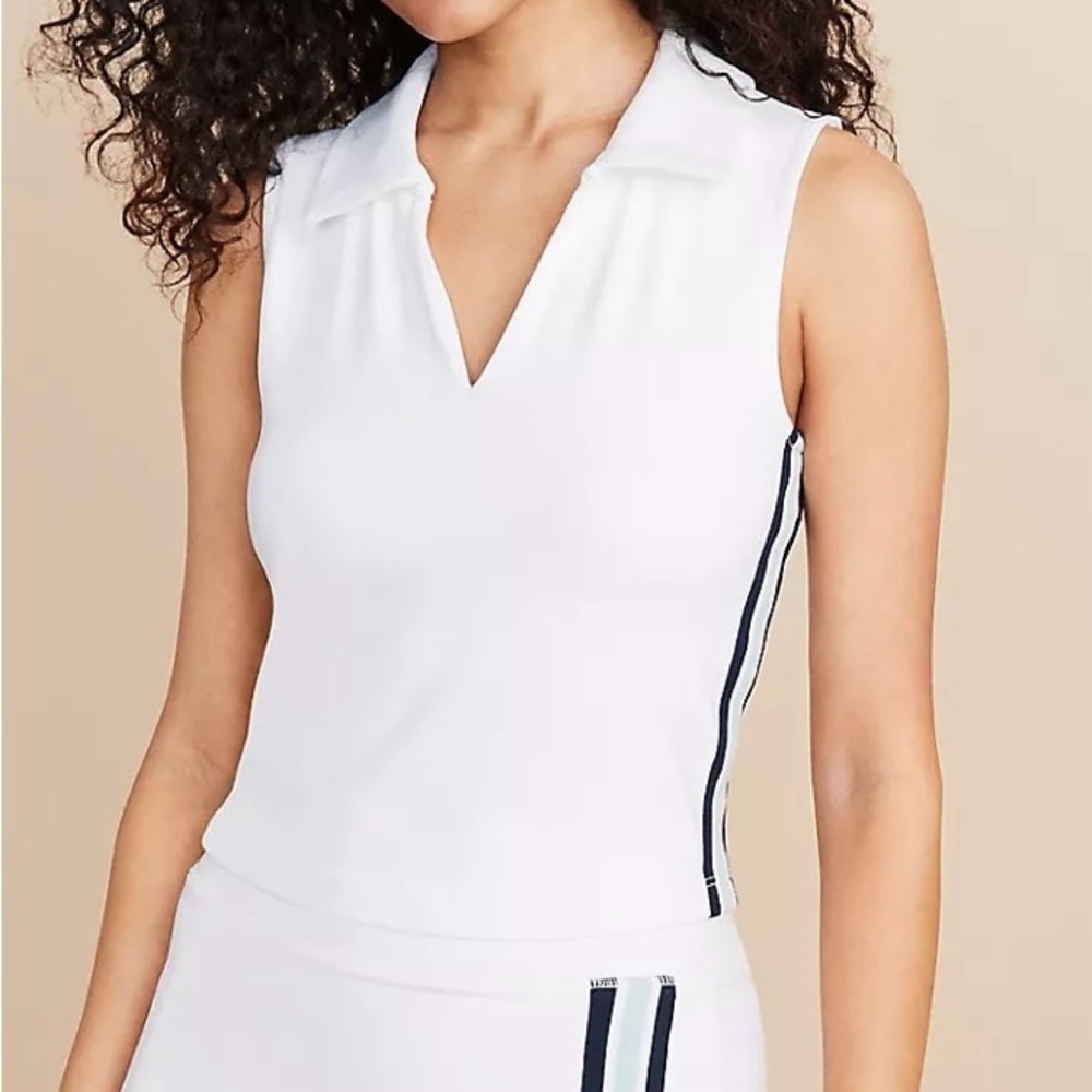 LOFT White Sleeveless Polo V-Neck Crop Top with Navy Side Stripes
